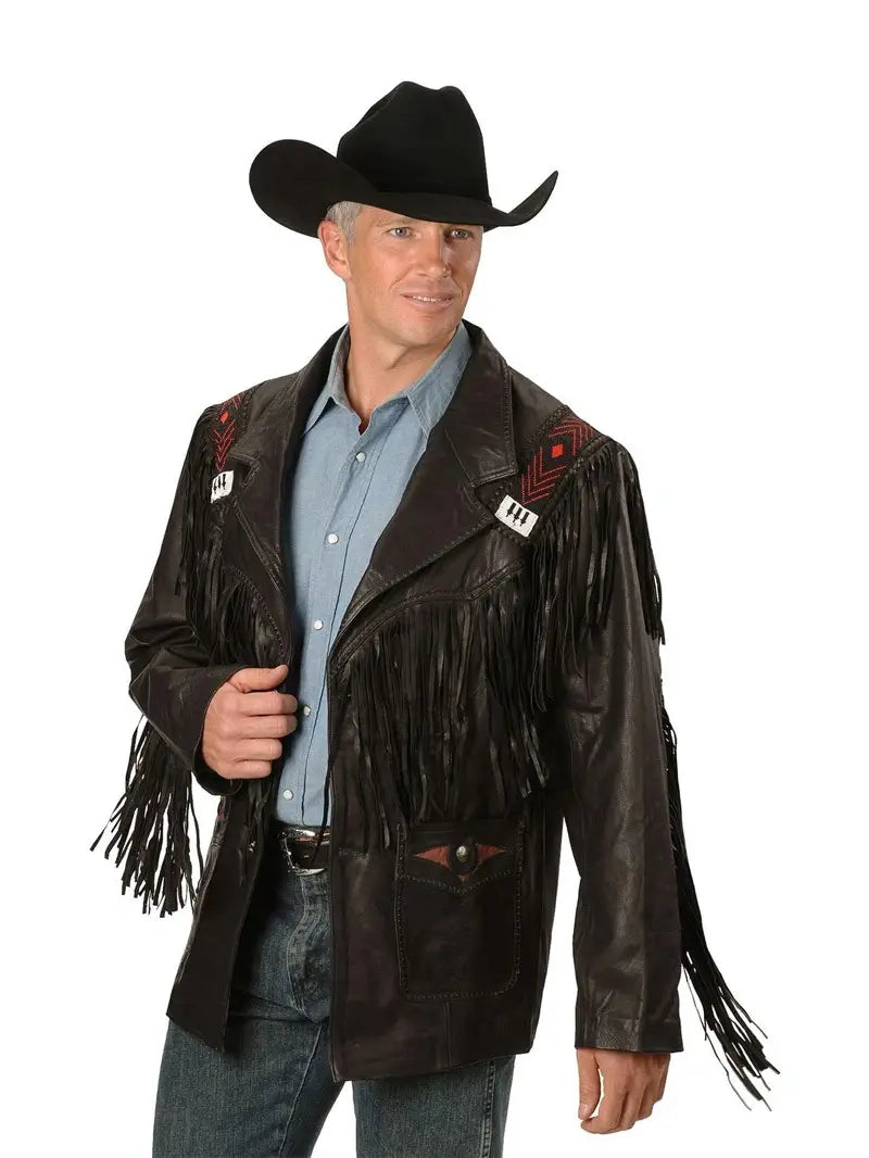 Mens Western Black Suede Fringe Leather Jacket image 0