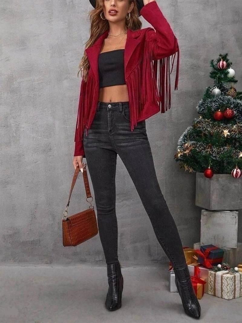 Western Suede Fringe Leather Jacket - Burgundy image 3