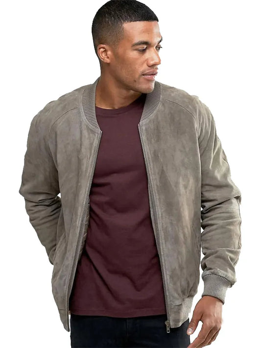 Mens Grey Suede Bomber Jacket image 0