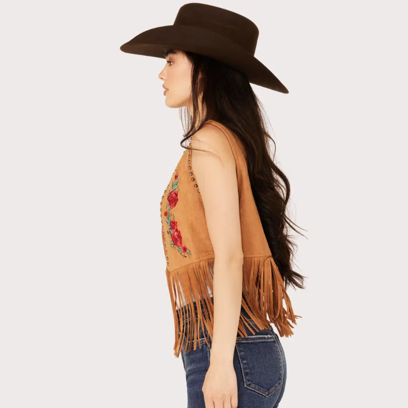 Women's Embroidered Rose Faux Suede Fringe Vest image 1