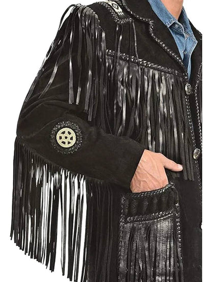 Black Western Coat Mens Leather Button Fringe Jacket image 3