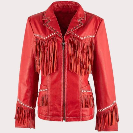 Womens Fringe Red Leather Jacket with Studs image 0