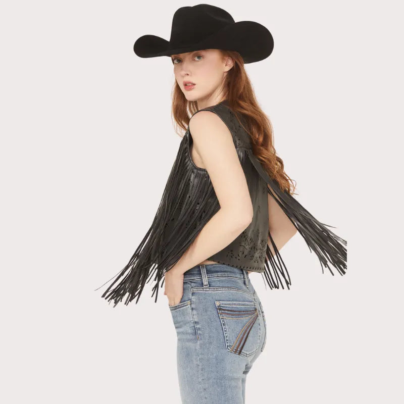 Blue B Women's Faux Leather Bandana Laser Cut Fringe Vest image 1