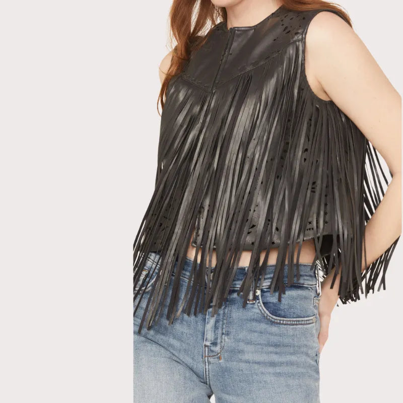 Blue B Women's Faux Leather Bandana Laser Cut Fringe Vest image 2