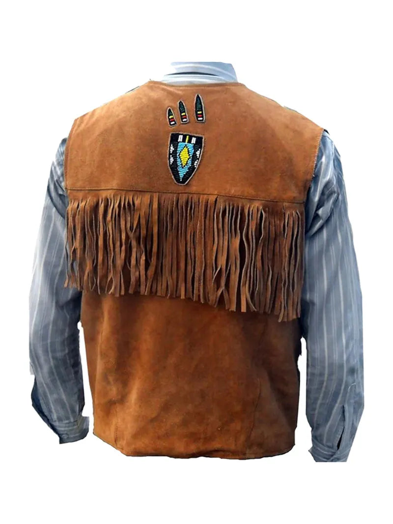 Mens Western Brown Fringe Leather Vest image 2