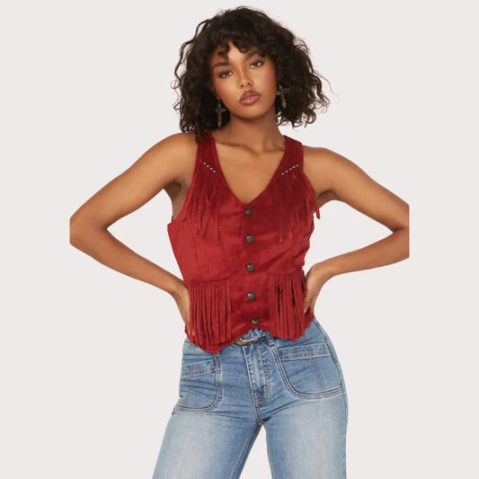 Rock & Roll Denim Women's Fringe Faux Suede Vest image 0