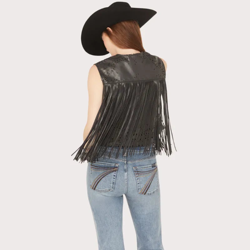 Blue B Women's Faux Leather Bandana Laser Cut Fringe Vest image 3
