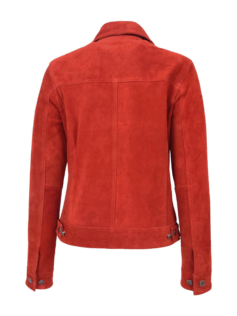 Women Trucker Red Suede Leather Jacket image 2