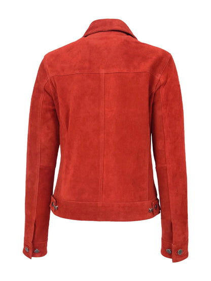 Women Trucker Red Suede Leather Jacket image 2