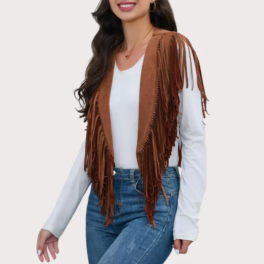 Women's Fringe Vest 70s western Hippie Suede Sleeveless Costume Fringe Waistcoat image 0