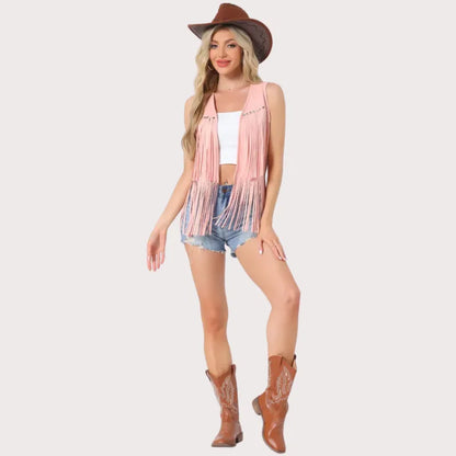 Women's 70s Western Open Front Faux Suede Fringe Vest image 2