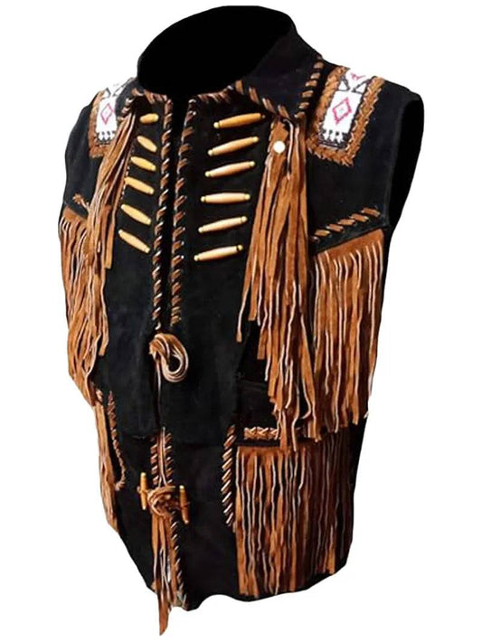 Mens Fringe Bones And Beads Suede Vest image 0