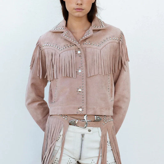 Women Studded Fringe Leather Jacket image 0