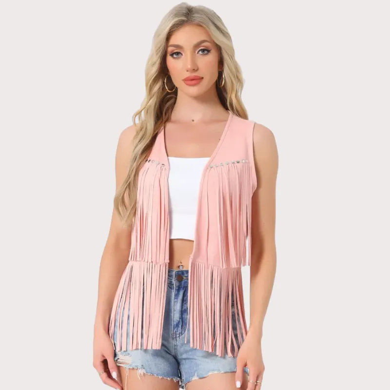 Women's 70s Western Open Front Faux Suede Fringe Vest image 0
