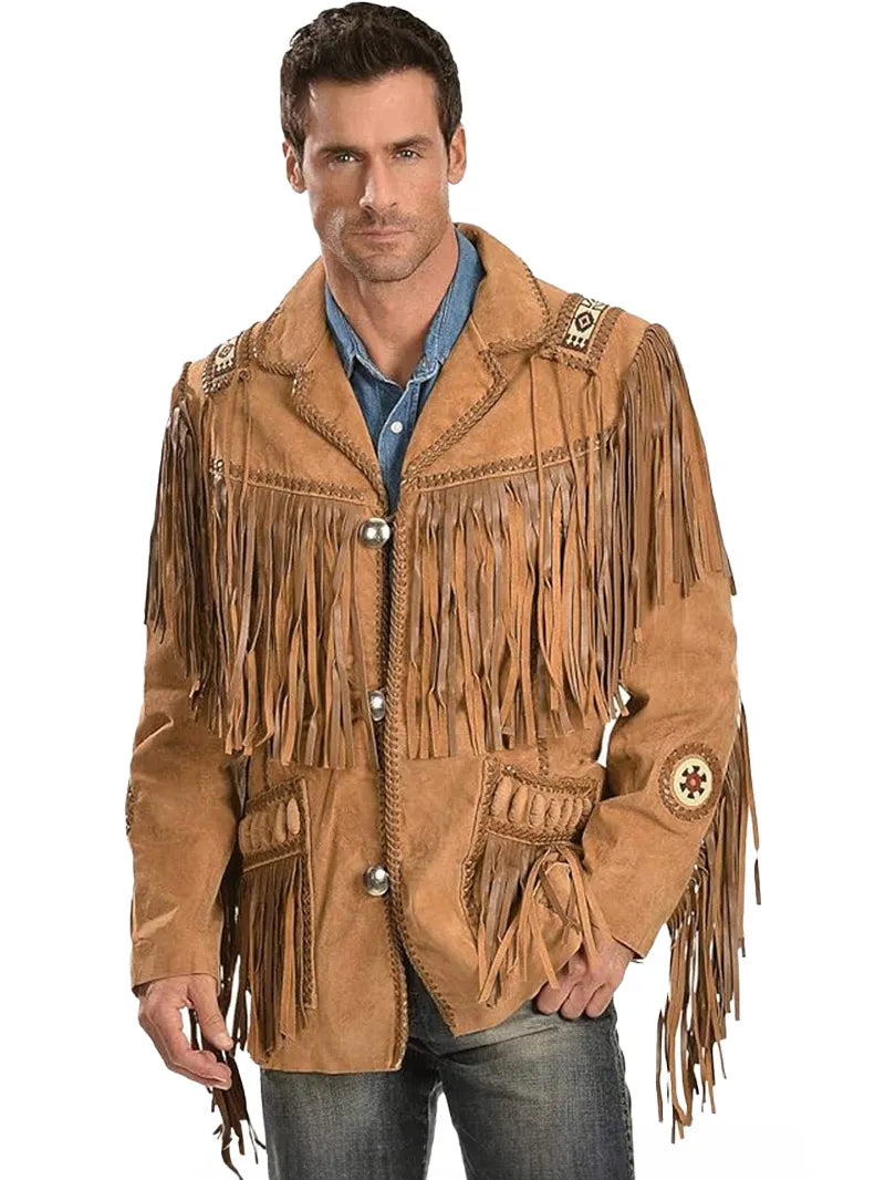 Black Western Coat Mens Leather Button Fringe Jacket image 7