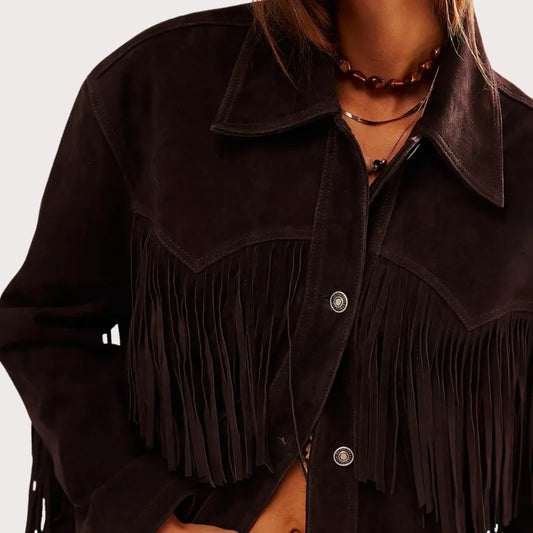 Women Brown Fringe Suede Jacket image 0
