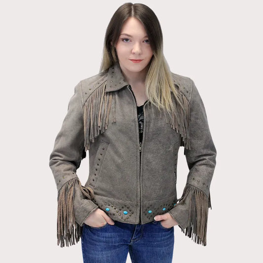 Women Turquoise and Fringe Leather Jacket image 0