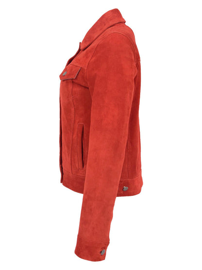 Women Trucker Red Suede Leather Jacket image 3