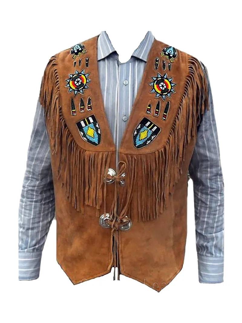 Mens Western Brown Fringe Leather Vest image 0