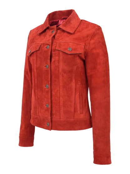 Women Trucker Red Suede Leather Jacket image 1