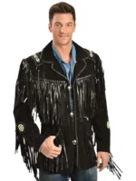 Black Western Coat Mens Leather Button Fringe Jacket - the creative leather