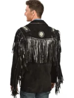 Black Western Coat Mens Leather Button Fringe Jacket (11)