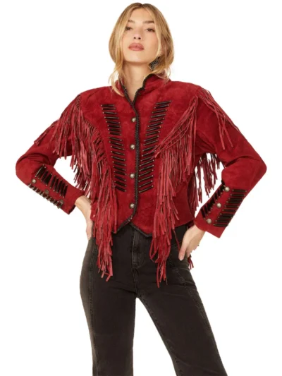 Red Beaded Suede Fringe Jacket