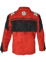 Men Western Leather Jacket With Fringe red back side