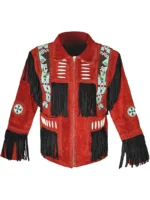 Men Western Leather Jacket With Fringe red