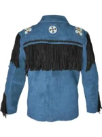 Men Western Leather Jacket With Fringe blue back side