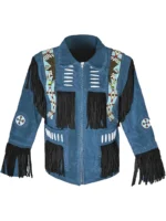 Men Western Leather Jacket With Fringe blue