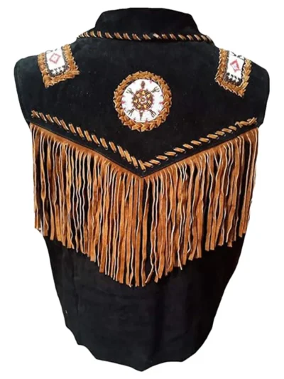 Men’s Cowboy Fringes, Bones & Beads Suede Leather Stylish Vest (1)