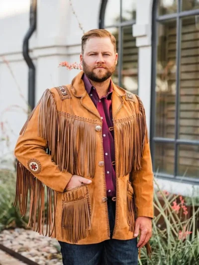 Mens Traditional Cowboy Western Leather Jacket Coat with Fringe (1)