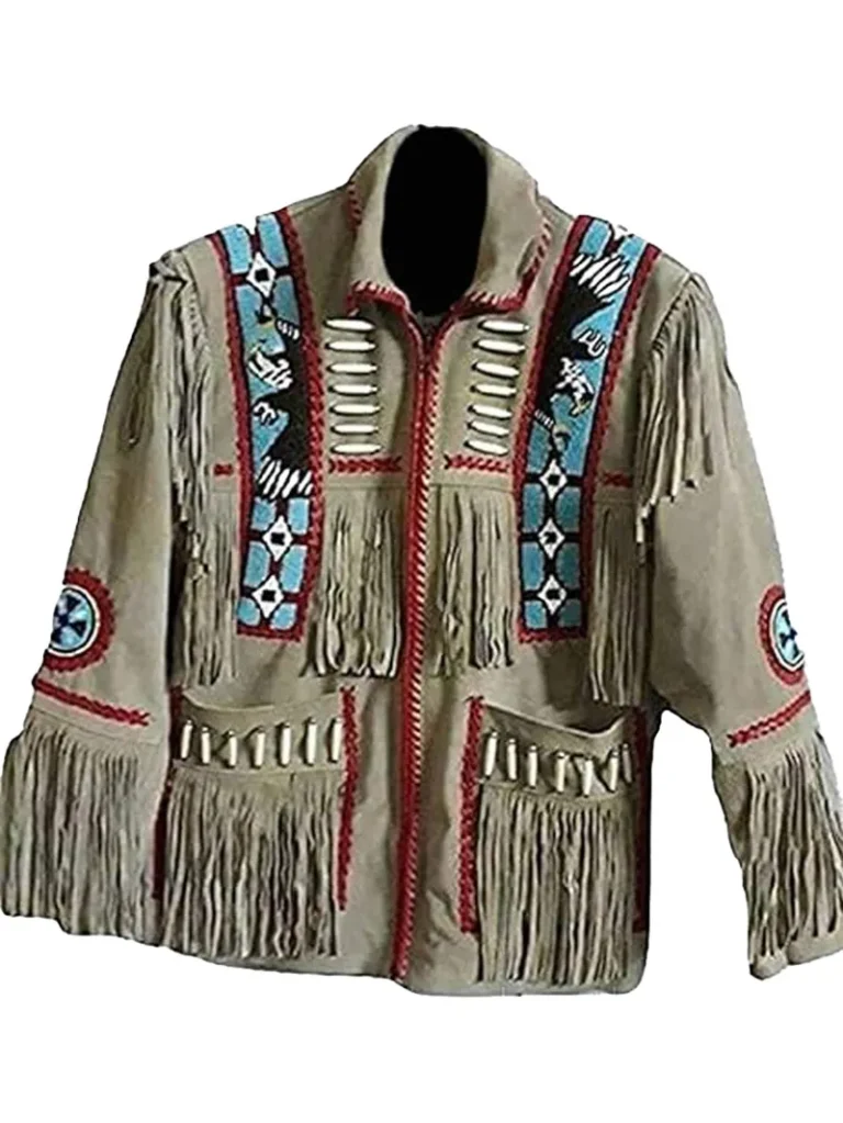 Mens Western Eagle Beads Design With Fringes Bones Jacket Suede 1 Genuine Fringe Leather Jacket - creative leather