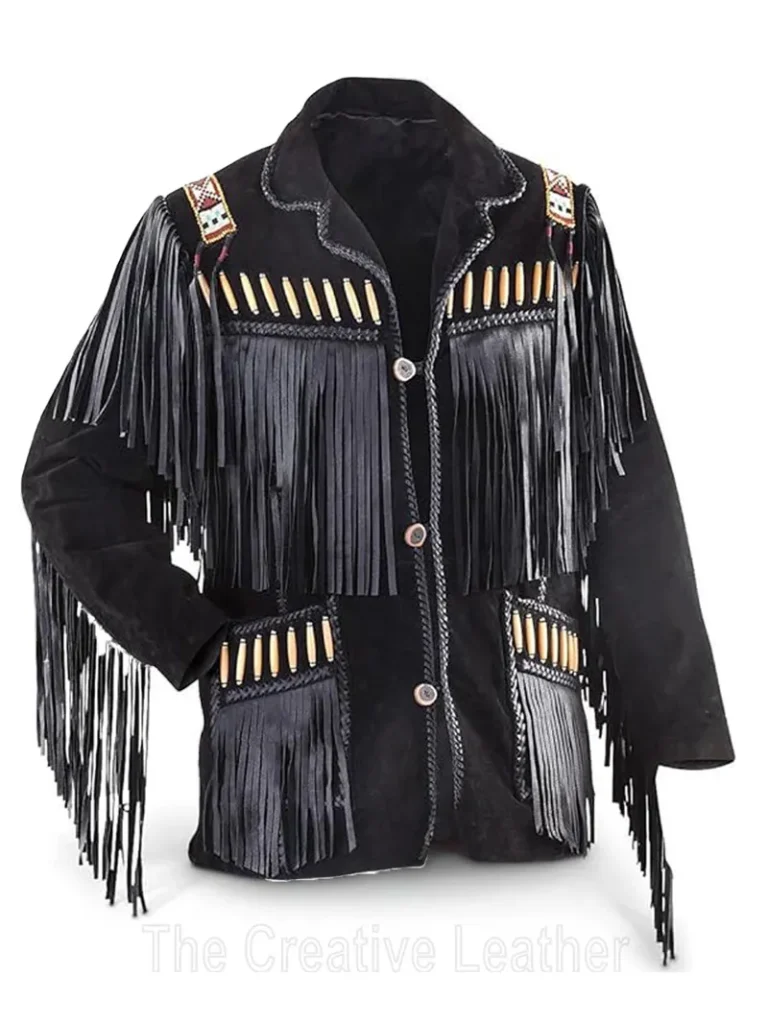 Mens Western Eagle Cowboy Fringed Boned Suede Leather Jacket 1 Black Suede Leather Jacket - creative leather