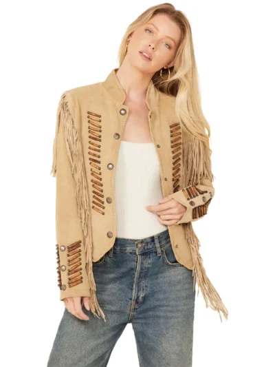 Scully Womens Beaded Suede Fringe Jacket