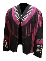 Womens Western Fringed Beaded & Bones Suede Coat