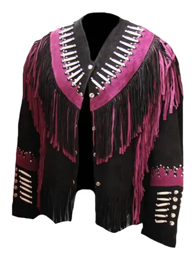 Womens Western Fringed Beaded & Bones Suede Coat