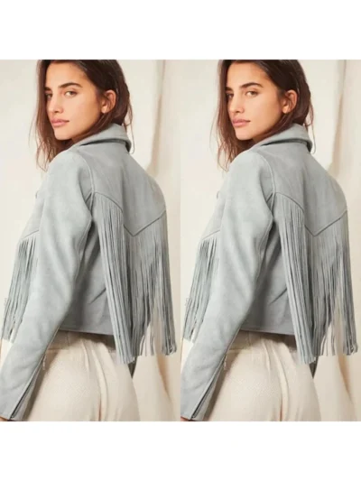 Women Suede Fringe Jacket in grey