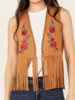 Women's Embroidered Rose Suede Fringe Vest