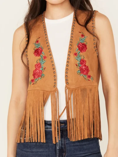 Women's Embroidered Rose Suede Fringe Vest