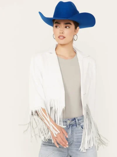 Womens Cropped White Fringe Jacket
