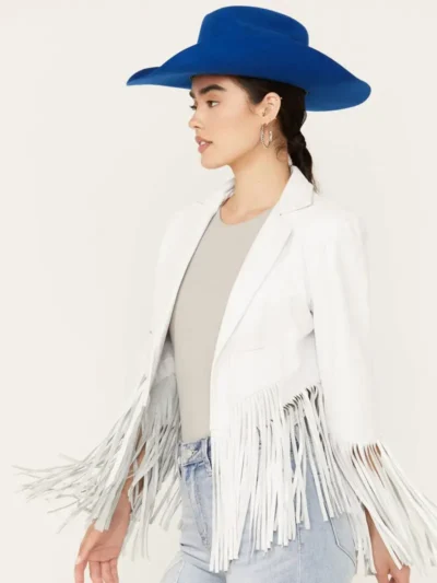 Womens Cropped White Fringe Jacket
