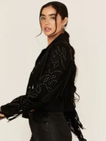 Womens Studded Snap Suede Fringe Jacket