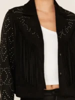 Womens Studded Snap Suede Fringe Jacket