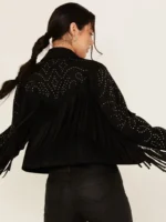 Womens Studded Snap Suede Fringe Jacket