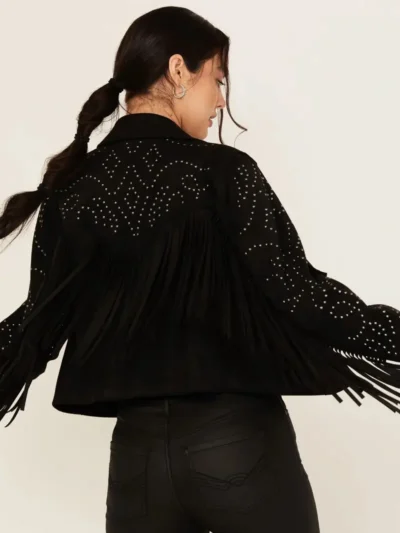 Womens Studded Snap Suede Fringe Jacket