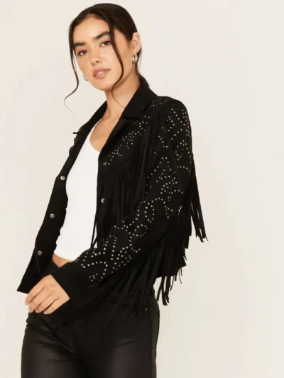 Womens Studded Snap Suede Fringe Jacket