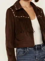 Womens Contrast Stitch Fringe Suede Leather Jacket