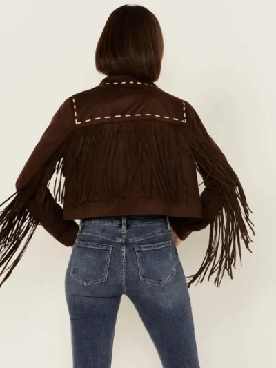 Womens Contrast Stitch Fringe Suede Leather Jacket
